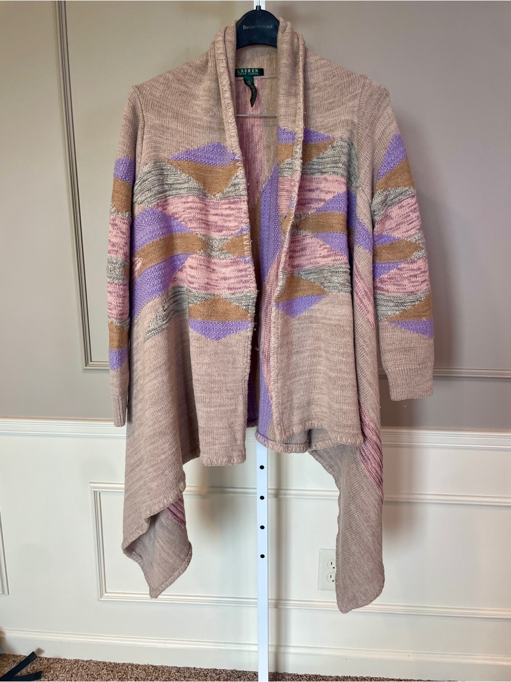 Lauren Ralph Lauren Large XL Shawl Cardigan Open Front Aztec Neutral Tan